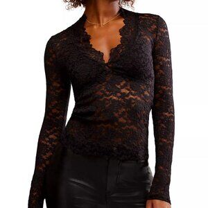 Free People All Day Lace Long Sleeve Top Shirt Black Large L NEW Modern Boho